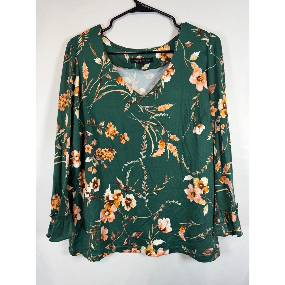 Supply & Demand Green Floral V-Neck Ruffle Cuff Long Sleeve Top Large